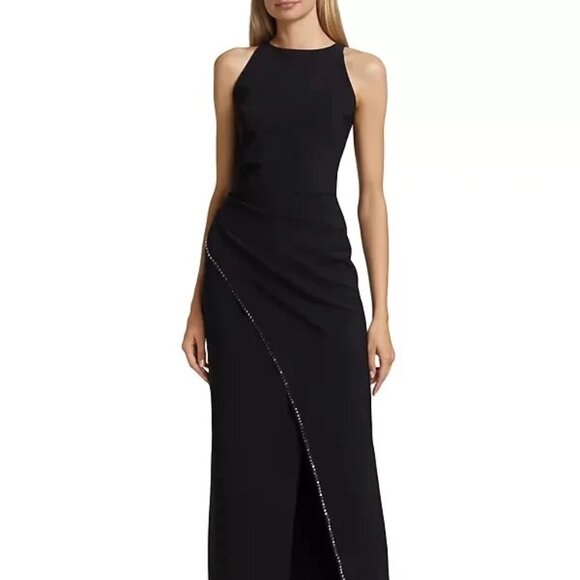 Halston Heritage Dress Black Maxi Gown Shimmer Trim Side Slit Evening Open Leg 6 - Picture 1 of 6